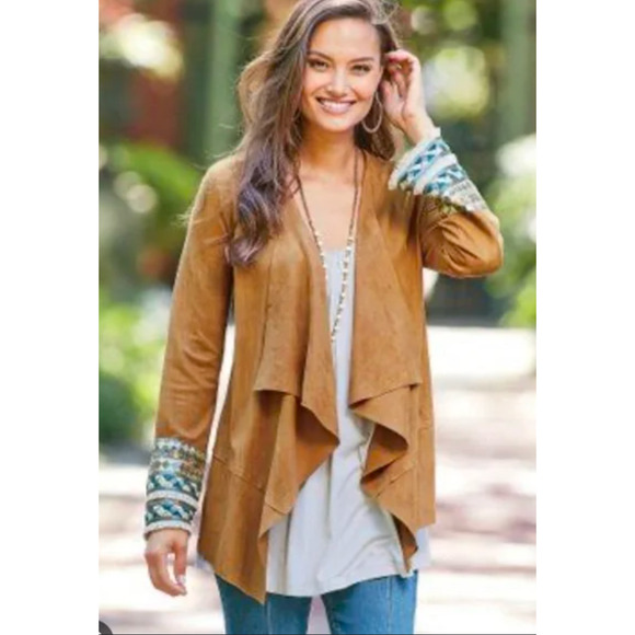 Soft Surroundings Tan Embellished Sleeve Open Front Drapey Boho Jacket - Picture 1 of 6